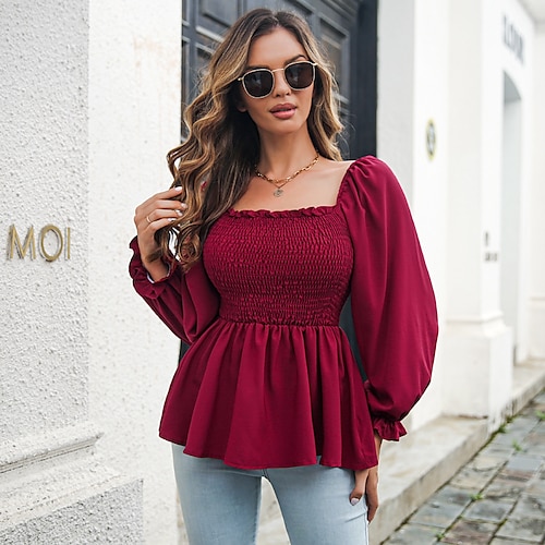 

Women's Blouse Plain Daily Weekend Blouse Peplum Shirt Long Sleeve Flowing tunic Square Neck Casual Streetwear White Wine Brown S