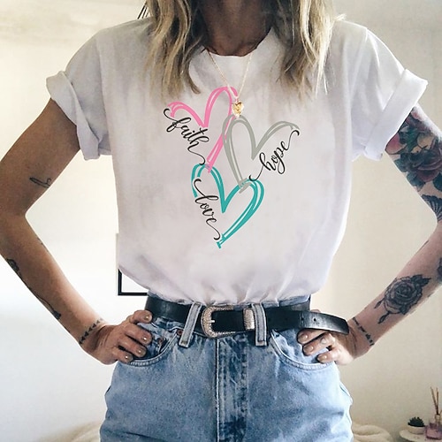 

Women's T shirt Tee Heart Text Casual Weekend Painting T shirt Tee Short Sleeve Print Round Neck Basic Essential White Pink Yellow S