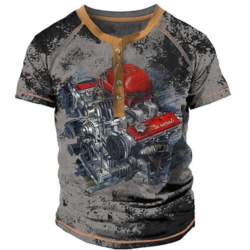 

Men's Henley Shirt T shirt Tee 3D Print Graphic Patterned Machine Henley Street Casual Button-Down Print Short Sleeve Tops Designer Basic Classic Comfortable Dark Gray / Summer