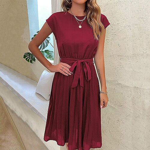 

Women's Casual Dress Wine Dark Green Dark Blue Short Sleeve Pure Color Lace up Spring Summer Crew Neck Weekend S M L XL XXL