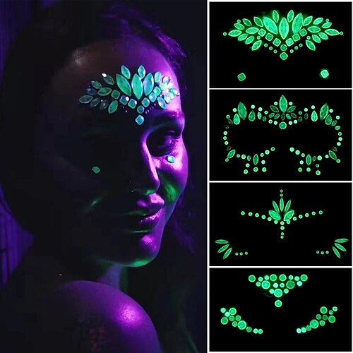 

4 pcs Halloween Face Decoration Tattoo Crystal Diamond Eyebrow Luminous Rhinestone Sticker Masquerade Bar Party Glowing Face Sticker