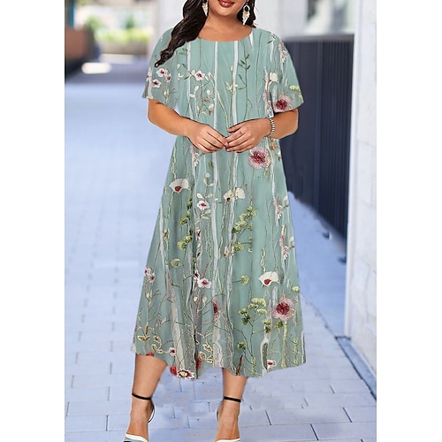 

Women's Plus Size Casual Dress Floral Crew Neck Print Short Sleeve Fall Spring Casual Maxi long Dress Causal Daily Dress / Graphic / 3D Print