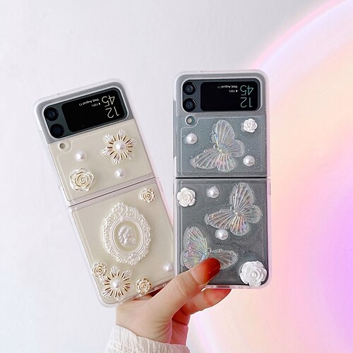 

Phone Case For Samsung Galaxy Flip Z Flip 4 Z Flip 3 Flip Transparent Glitter Shine Butterfly 3D Cartoon Flower PC