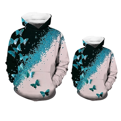 

Mommy and Me Hoodie Butterfly Animal Sports Outdoor Print Green Blue Purple Long Sleeve Active Matching Outfits