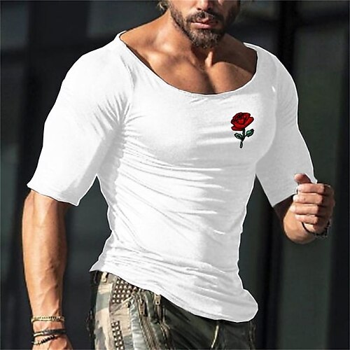 

Men's T shirt Tee Solid Color Rose Round Neck Casual Daily Half Sleeve Tops Casual White Black