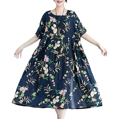 

Women's A Line Dress Midi Dress Black Dark Blue Orange Red Half Sleeve Floral Color Block Print Spring Summer Crew Neck Casual Mature Boho 2022 One-Size