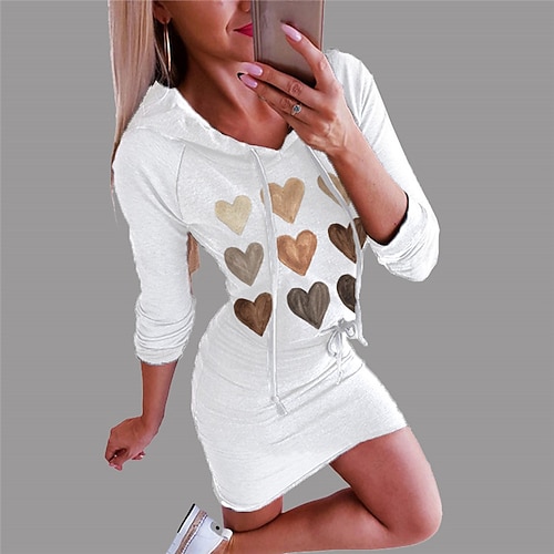

Women's Bodycon Short Mini Dress White Gray Long Sleeve Fall Heart Print Fall Spring Hooded Fashion 2022 S M L XL XXL 3XL