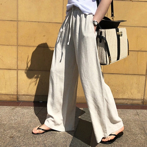 

Women's Culottes Wide Leg Chinos Pants Trousers Linen / Cotton Blend Apricot Black Mid Waist Fashion Casual Weekend Side Pockets Baggy Micro-elastic Full Length Comfort Plain M L XL XXL / Loose Fit