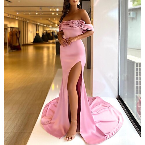 

Mermaid / Trumpet Evening Dresses Sexy Dress Prom Court Train Short Sleeve Off Shoulder Satin with Ruched Slit 2022