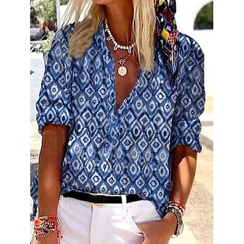 

Women's Blouse Geometric Holiday Weekend Geometric Blouse Shirt 3/4 Length Sleeve Print V Neck Casual Streetwear Blue S / 3D Print