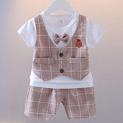 

Kids Boys T-shirt Shorts Clothing Set 2 Pieces Sleeveless Gray Khaki Plaid Patchwork School Cool Preppy Style 1-5 Years