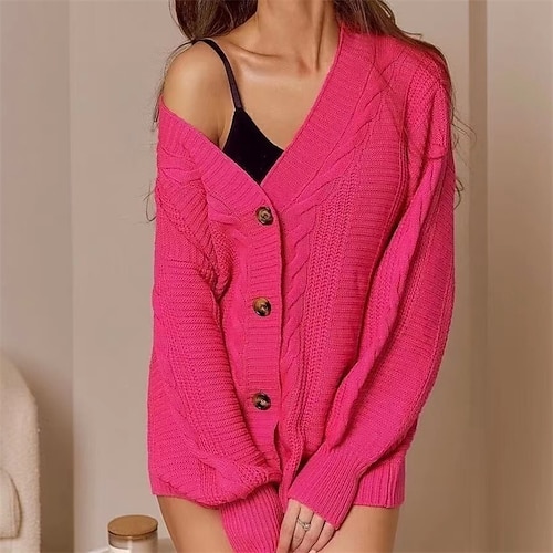 

Women's Cardigan Jumper Ribbed Cable Knit Tunic Knitted Button Pure Color V Neck Stylish Casual Daily Going out Fall Winter Green Black M L XL / Long Sleeve / Regular Fit