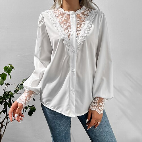 

Women's Blouse Plain Daily Weekend Blouse Shirt Long Sleeve Lace Patchwork Button Round Neck Casual Streetwear White Black S
