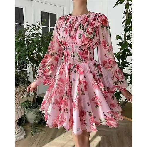 

Women's Party Dress Corset Dress Pink Long Sleeve Floral Print Winter Fall Spring Crew Neck Romantic Party Winter Dress Fall Dress 2022 S M L XL