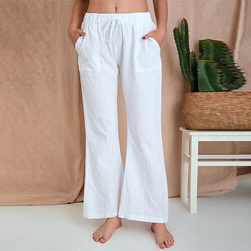 

Women's Loungewear Bottom Nighty Pure Color Comfort Home Cotton And Linen Long Pant Pocket Spring Summer White