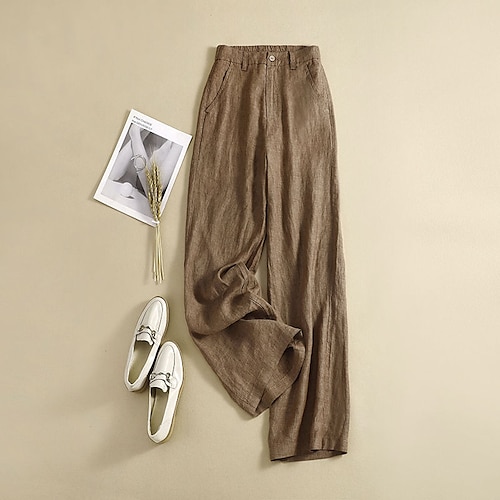 

Women's Culottes Wide Leg Chinos Pants Trousers Linen / Cotton Blend Blue Coffee Gray Mid Waist Fashion Casual Weekend Side Pockets Baggy Micro-elastic Full Length Comfort Plain S M L XL XXL