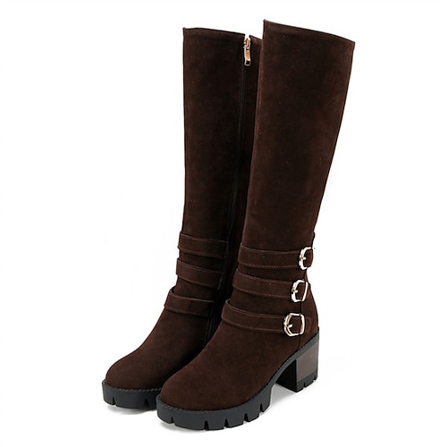

Women's Boots Daily Riding Boots Mid Calf Boots Winter Chunky Heel Round Toe Minimalism Nubuck Zipper Solid Colored Black Coffee Gray