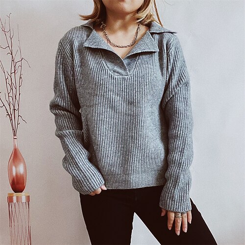 

Women's Pullover Sweater Jumper Ribbed Knit Knitted Pure Color Shirt Collar Stylish Casual Daily Going out Fall Winter Green White S M L / Long Sleeve