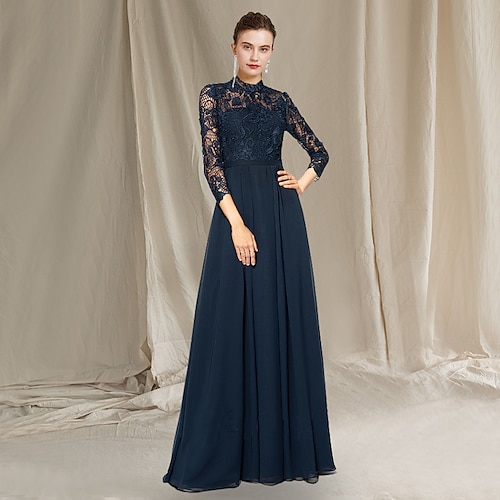 

A-Line Mother of the Bride Dress Elegant High Neck Floor Length Chiffon Lace Short Sleeve with Pleats 2022
