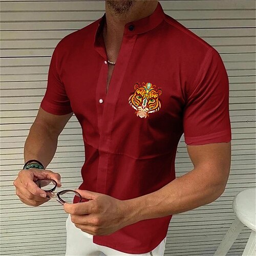 

Men's Shirt Solid Color Tiger Standing Collar Street Casual Button-Down Print Half Sleeve Tops Designer Casual Fashion Breathable White Black Wine / Summer