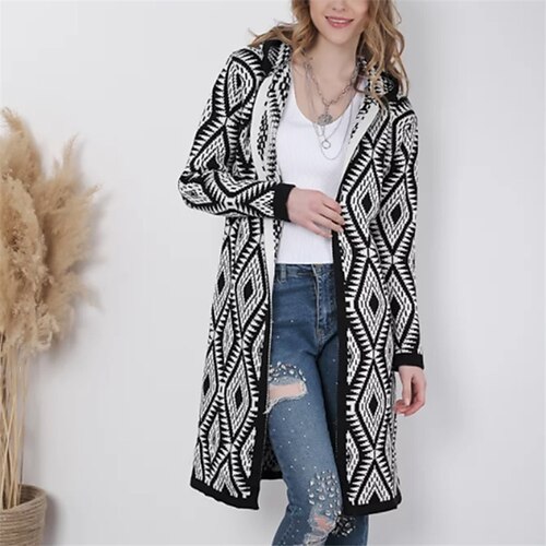 

Women's Cardigan Jumper Knit Knitted Geometric Hooded Stylish Elegant Daily Holiday Fall Winter Green Black S M L / Long Sleeve / Casual / Regular Fit / Going out