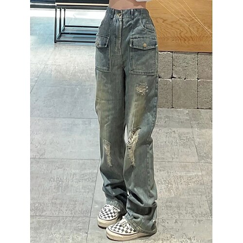 

Women's Cargo Pants Pants Trousers Jeans Denim Gray Mid Waist Fashion Casual Weekend Baggy Cut Out Micro-elastic Full Length Comfort Plain S M L XL XXL