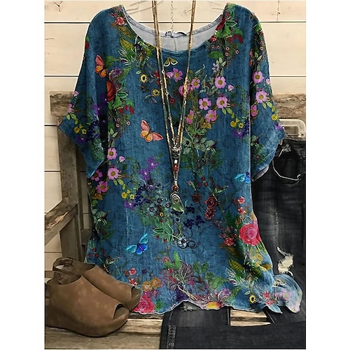 

Women's Blouse Print Floral Daily Round Neck T-shirt Sleeve Standard Summer Pink Blue Dark Blue Grey