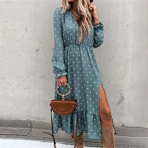 

Women's A Line Dress Midi Dress Blue Khaki Long Sleeve Polka Dot Split Ruffle Print Fall Winter V Neck Casual Mature 2022 S M L XL XXL