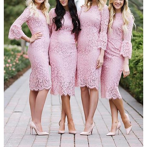 

Sheath / Column Bridesmaid Dress Jewel Neck Long Sleeve Elegant Knee Length Lace with Appliques 2022