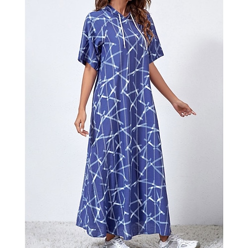 

Women's Shift Dress Maxi long Dress Light Pink Blue Light Green Short Sleeve Print Patchwork Print Fall Spring Hooded Casual Modern 2022 S M L XL