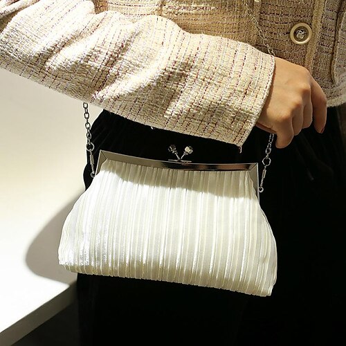 

Women's Clutch Evening Bag Silk Satin Chain Solid Color Party / Evening Date Trapezoidal pleated white bag O chain