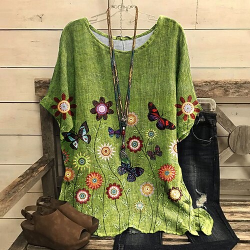 

Women's Blouse Shirt Tunic Green Floral Butterfly Flowing tunic Print Short Sleeve Daily Weekend Streetwear Casual Round Neck Regular Floral Butterfly S