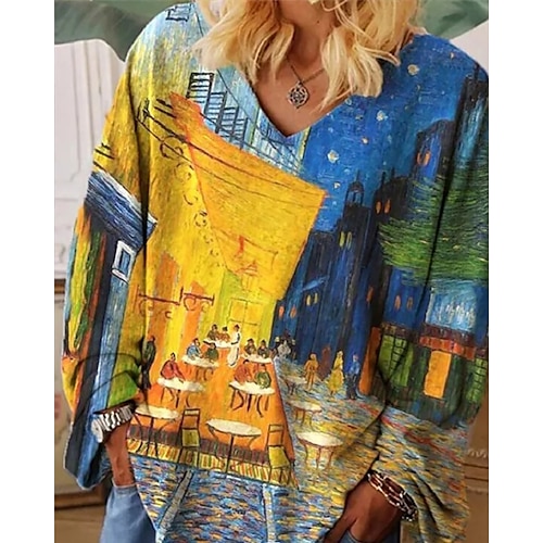 

Women's T shirt Tee Yellow Geometric Scenery Print Long Sleeve Casual Daily Vintage Boho Ethnic V Neck Regular Loose Fit Abstract Bohemian Theme Painting S