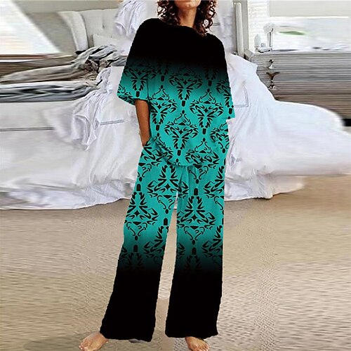 

Women's Loungewear Sets 2 Pieces Flower Fashion Comfort Home Street Cotton Spandex Jersey Crew Neck Short Sleeve T shirt Tee Pant Fall Spring Blue