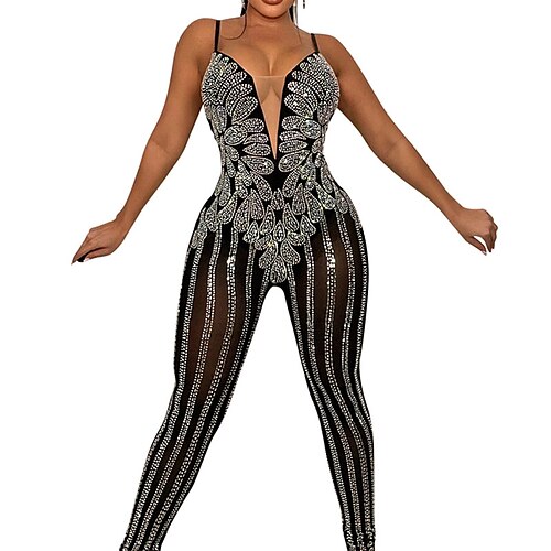 

Women's Jumpsuit Backless Sequin Striped U Neck Streetwear Party Going out Regular Fit Sleeveless Apricot Black S M L Spring