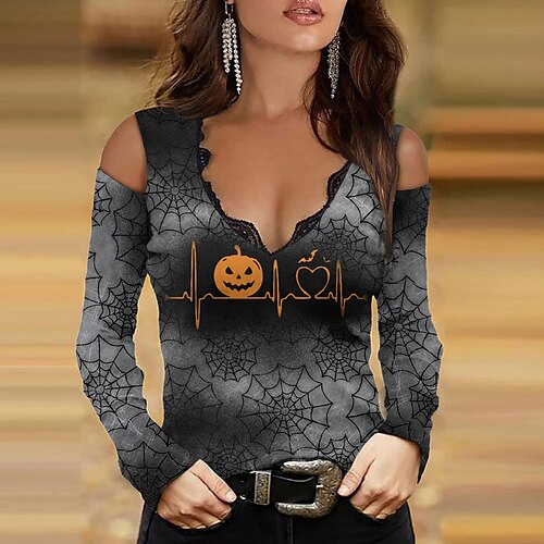

Women's T shirt Tee Black Graphic Pumpkin Cut Out Lace Trims Long Sleeve Halloween Weekend Basic V Neck Regular Painting S / Print