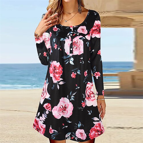 

Women's A Line Dress Short Mini Dress Black Blue Wine Long Sleeve Floral Button Print Fall Winter Crew Neck Stylish Casual Boho 2022 S M L XL XXL