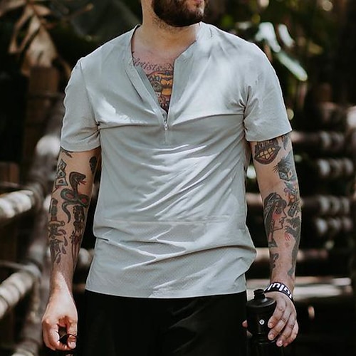 

Men's Henley Shirt T shirt Tee Solid Color Henley Street Daily Zipper Short Sleeve Tops Casual Fashion Comfortable Gray / Beach