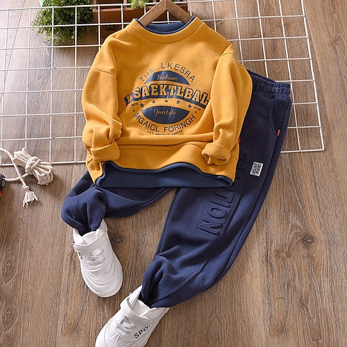 

Kids Boys Hoodie Pants Clothing Set 2 Pieces Long Sleeve Yellow top navy blue pants Orange top navy blue pants red top navy blue pants Letter Vacation Outdoor Fashion Cool 3-13 Years