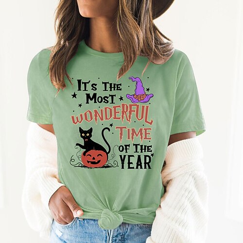 

Women's T shirt Tee Green Blue Pink Graphic Letter Print Short Sleeve Halloween Daily Basic Halloween Round Neck Regular 100% Cotton Cat S