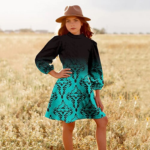 

Kids Little Girls' Dress Geometric A Line Dress Daily Holiday Vacation Print Green Yellow Above Knee Long Sleeve Casual Cute Sweet Dresses Fall Winter Regular Fit 3-12 Years