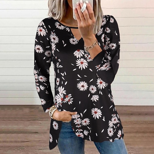 

Women's Blouse Floral Leopard Casual Weekend Floral Painting Blouse Long Sleeve Print V Neck Basic White Black Beige S / 3D Print