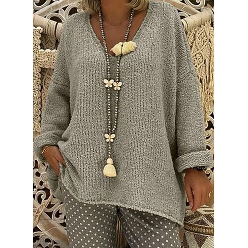 

Women's Plus Size Tops Blouse Plain Print Long Sleeve V Neck Streetwear Daily Vacation Polyester Fall Spring Gray / 3D Print