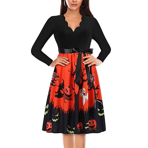 

Women's A Line Halloween Dress Swing Dress Knee Length Dress Red Long Sleeve Abstract Skull Pumpkin Bow Print Fall Winter V Neck Stylish Elegant Vintage 2022 S M L XL XXL 3XL