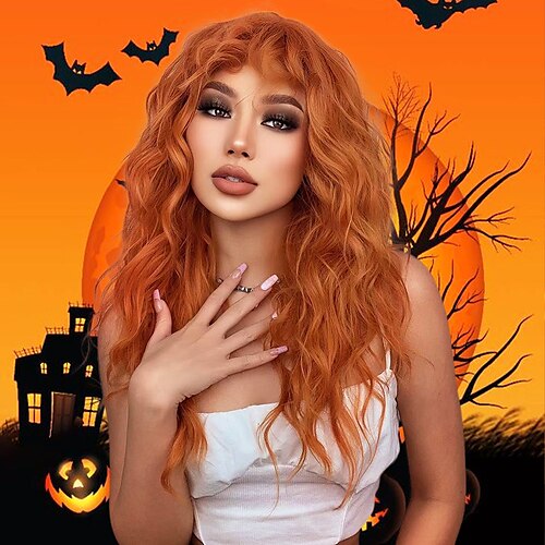 

HAIRCUBE Long Curly Wigs Ombre Orange Wavy Hair for Women Cosplay