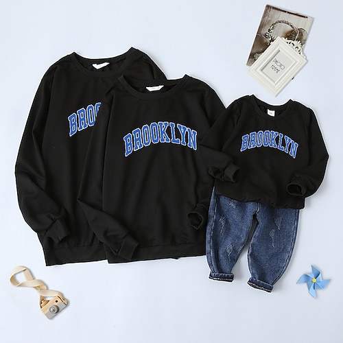

Family Look Sweatshirt Letter Daily Print Black Long Sleeve Casual Matching Outfits