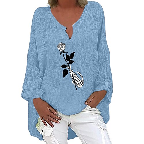 

Women's Blouse Skull Flower Halloween Weekend Blouse Shirt Long Sleeve Print V Neck Casual Streetwear Black Blue Navy Blue S / 3D Print