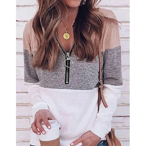 

Women's T shirt Tee Color Block Casual Weekend T shirt Tee Long Sleeve Zipper Patchwork V Neck Basic Gray S