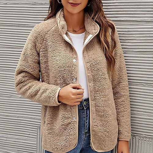 

Women's Fleece Jacket Warm Breathable Outdoor Daily Wear Vacation Going out Button Pocket Single Breasted Stand Collar Casual Comfortable Street Style Solid Color Loose Fit Outerwear Long Sleeve