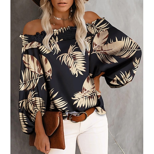 

Women's Blouse Shirt Blue Fuchsia Black Leaves Ruffle Print Long Sleeve Daily Weekend Streetwear Casual Off Shoulder Regular Floral Lantern Sleeve S / 3D Print